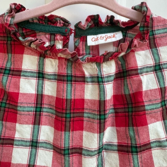 Cat & Jack 2T Red, White, Green Plaid Girls Holiday Christmas Long Sleeve Blouse - Picture 2 of 4